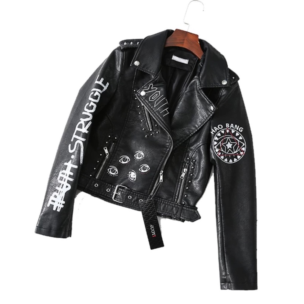 Black graphic faux leather jacket